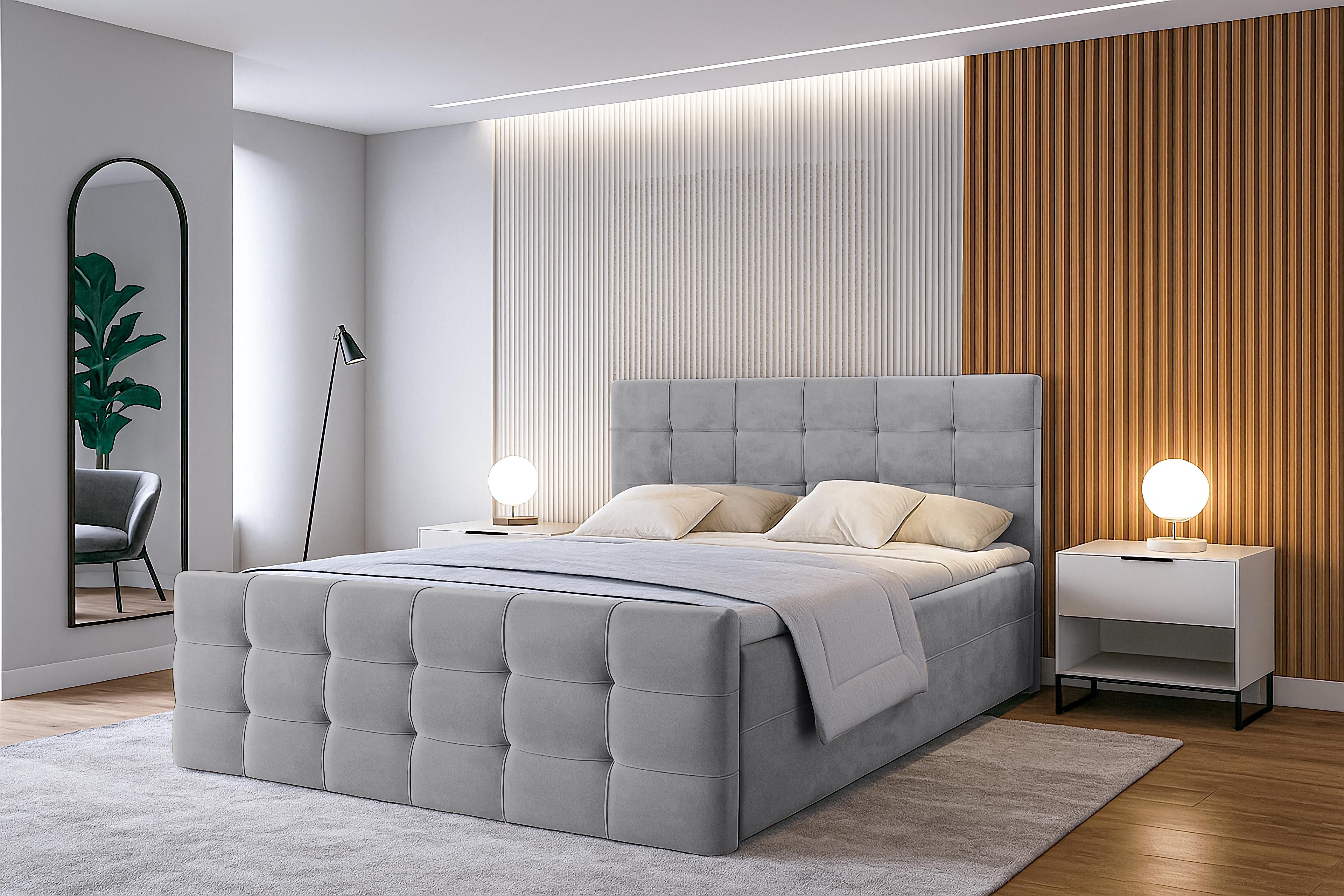 BOXBETT ARGENTARO 140x200 cm mit Bettkasten und Matratze - Grau + TOPPER Textil AX Living Möbel > Betten > Boxspringbetten Grau