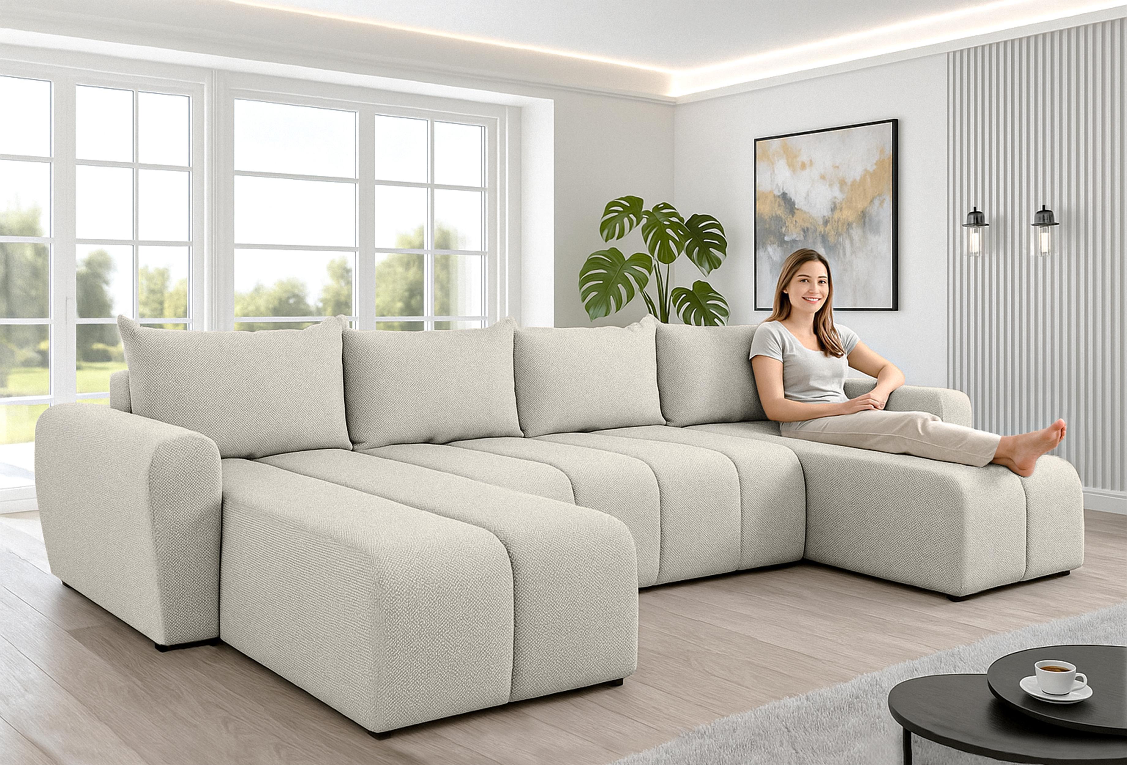 WOHNLANDSCHAFT Ferrande Beige 318/149/91 cm mit Bettkasten Schlaffunktion Design Textil AX Living Möbel > Sofas & Couches > Wohnlandschaften > Wohnlandschaften U-Form Beige
