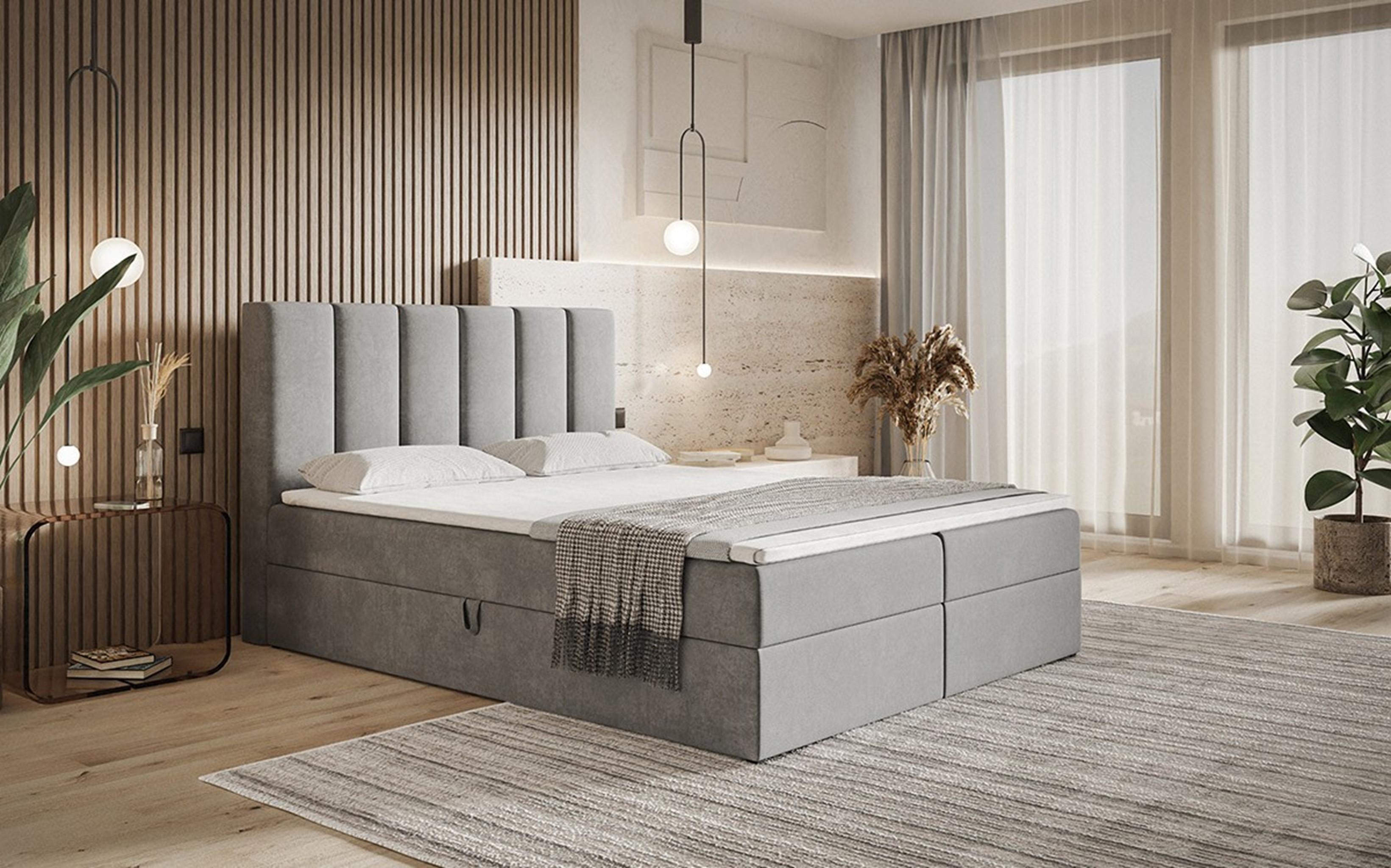BOXBETT Bonio I 160/200 cm in Grau – mit Bettkasten und Topper Textil AX Living Möbel > Betten > Boxspringbetten Grau