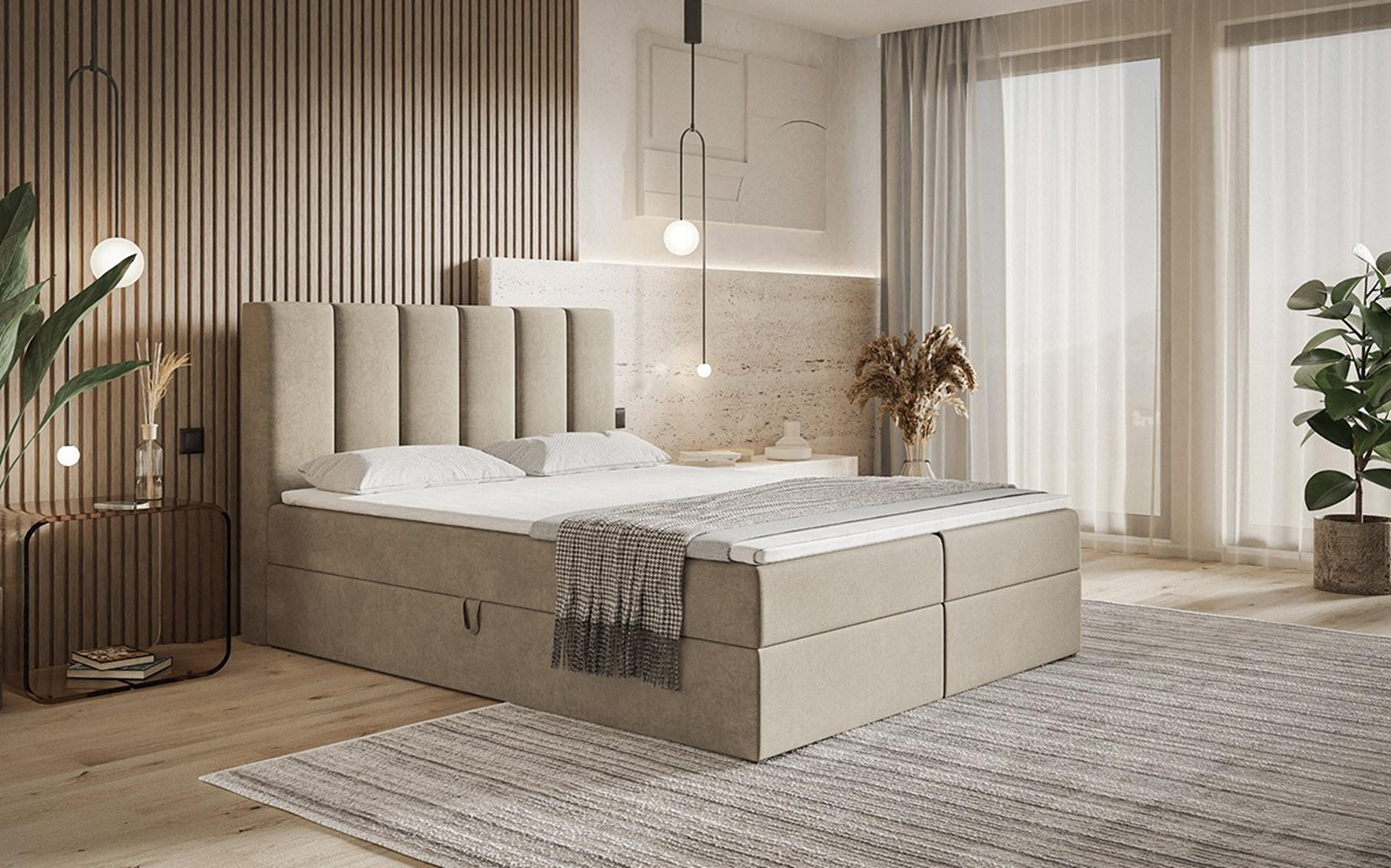BOXBETT Bonio I 160/200 cm in Beige – mit Bettkasten und Topper Textil AX Living Möbel > Betten > Boxspringbetten Beige
