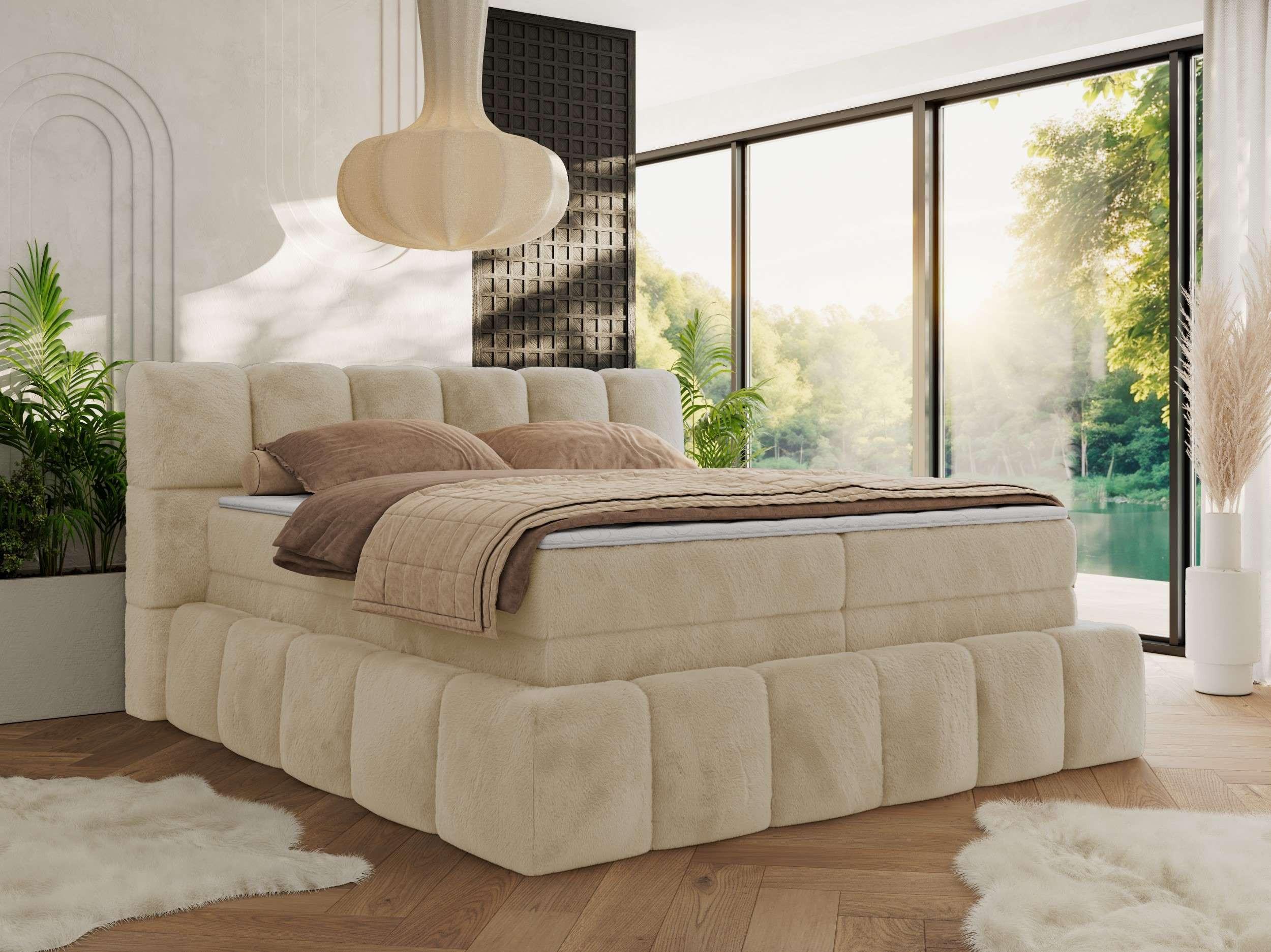 BOXSPRINGBETT NIRA KING 180/200 Creme Plüsch - H3 Textil MKS Möbel > Betten > Boxspringbetten Weiß