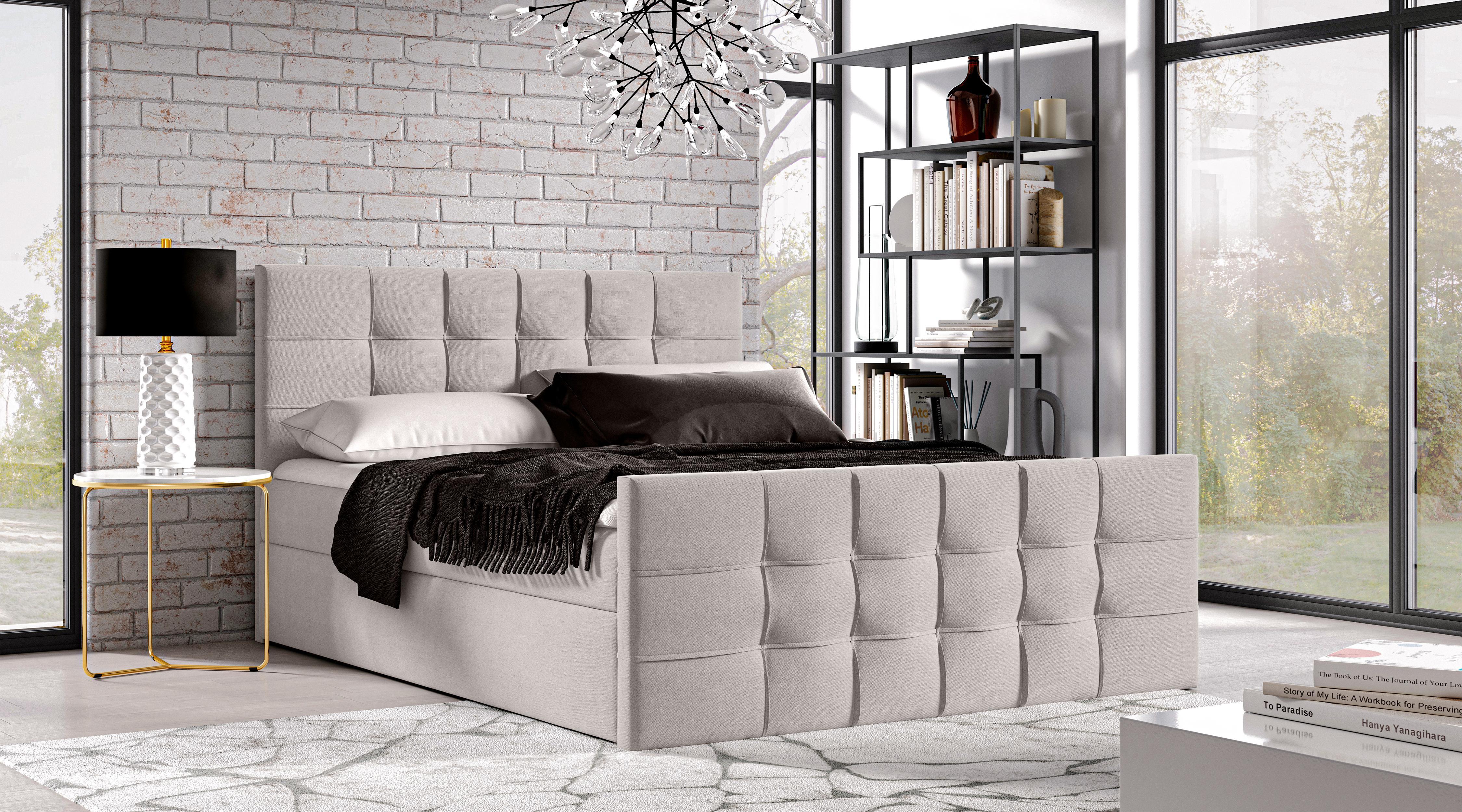 BOXBETT Ambusio 140/200 cm in Beige – mit Bettkasten + TOPPER Textil AX Living Möbel > Betten > Boxspringbetten Beige