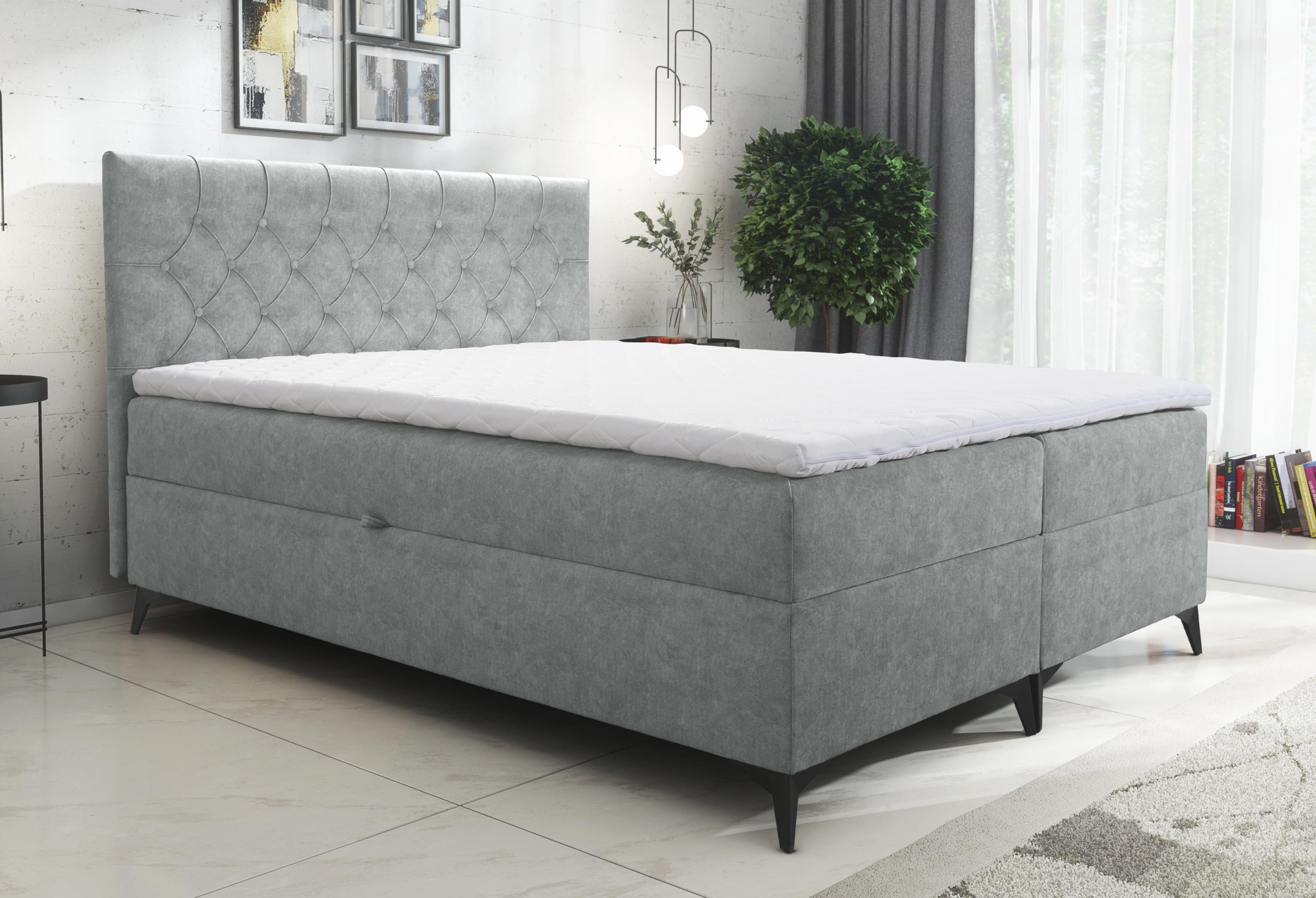 BOXBETT Palmeria 140/200 cm in Hellgrau – mit Bettkasten und Topper Textil AX Living Möbel > Betten > Boxspringbetten Grau