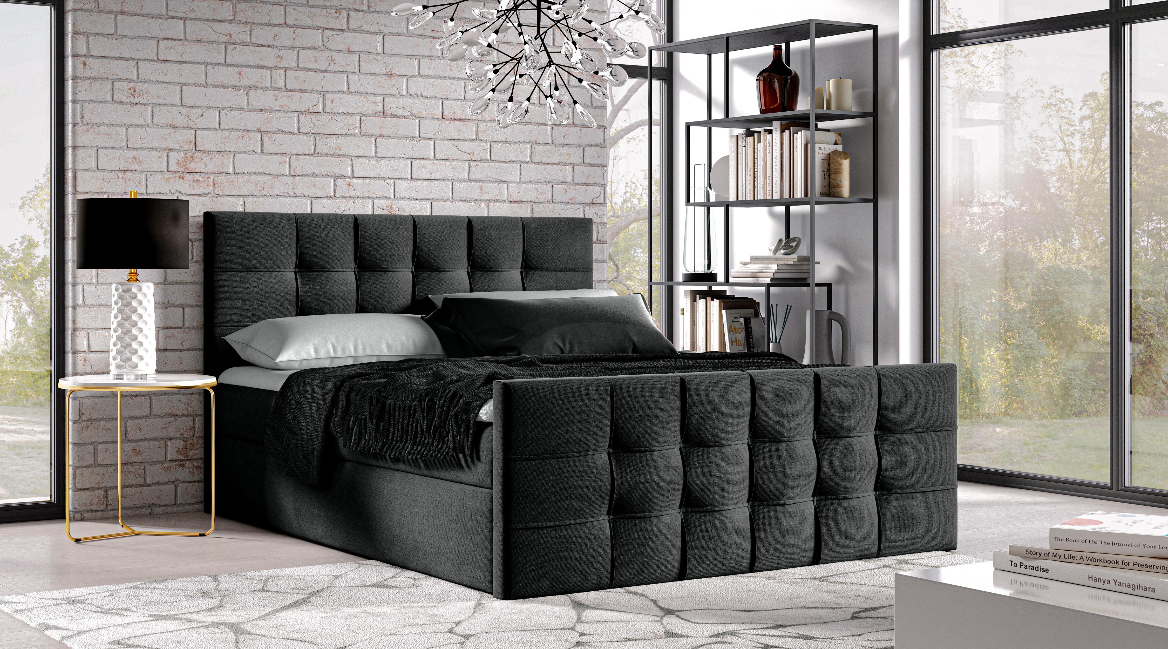 BOXBETT Ambusio 180/200 cm in Schwarz – mit Bettkasten + TOPPER Textil AX Living Möbel > Betten > Boxspringbetten Schwarz