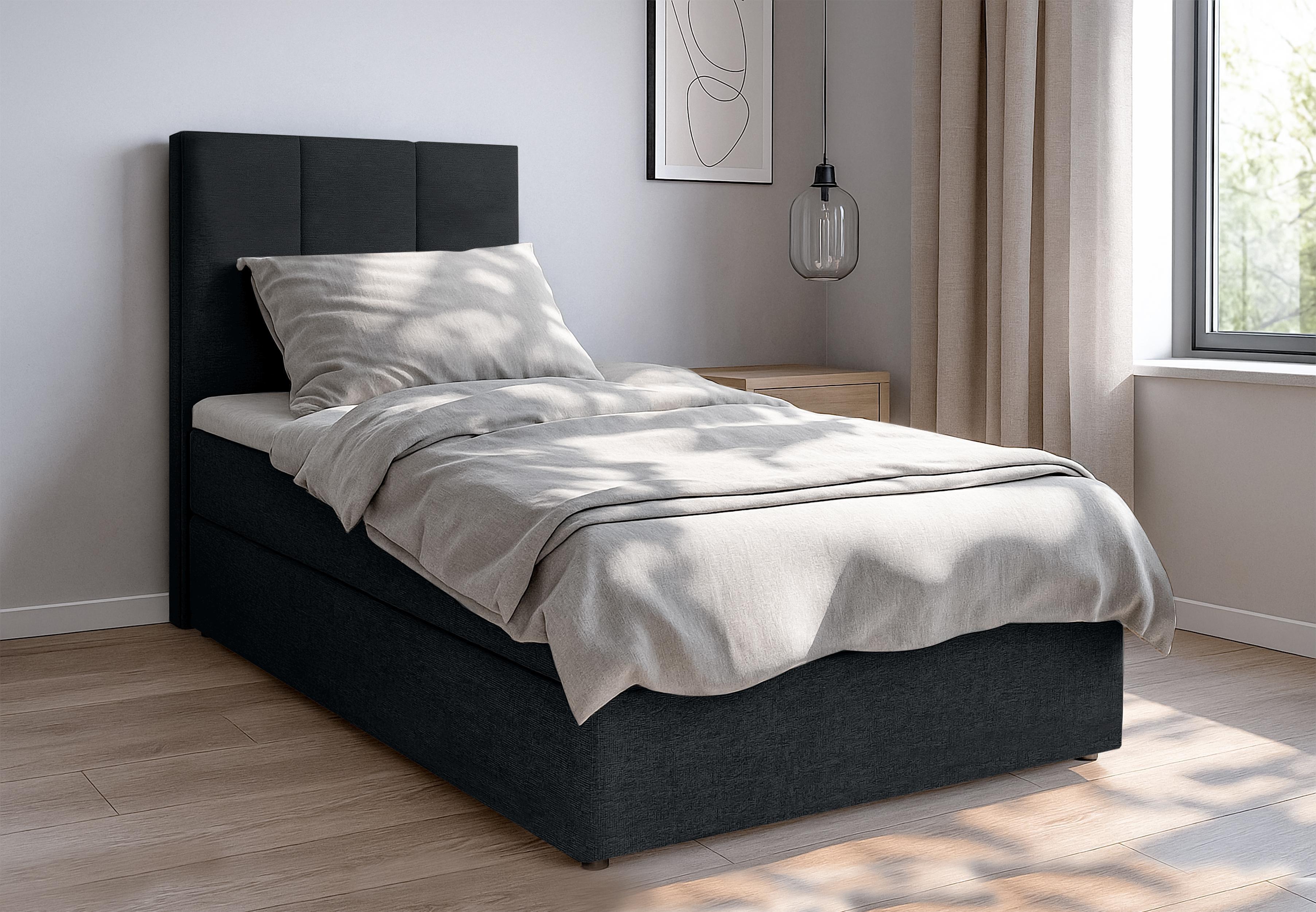 BOXBETT MEREA 100x200 cm mit Bettkasten und Matratze - Schwarz + TOPPER Textil AX Living Möbel > Betten > Boxspringbetten Schwarz