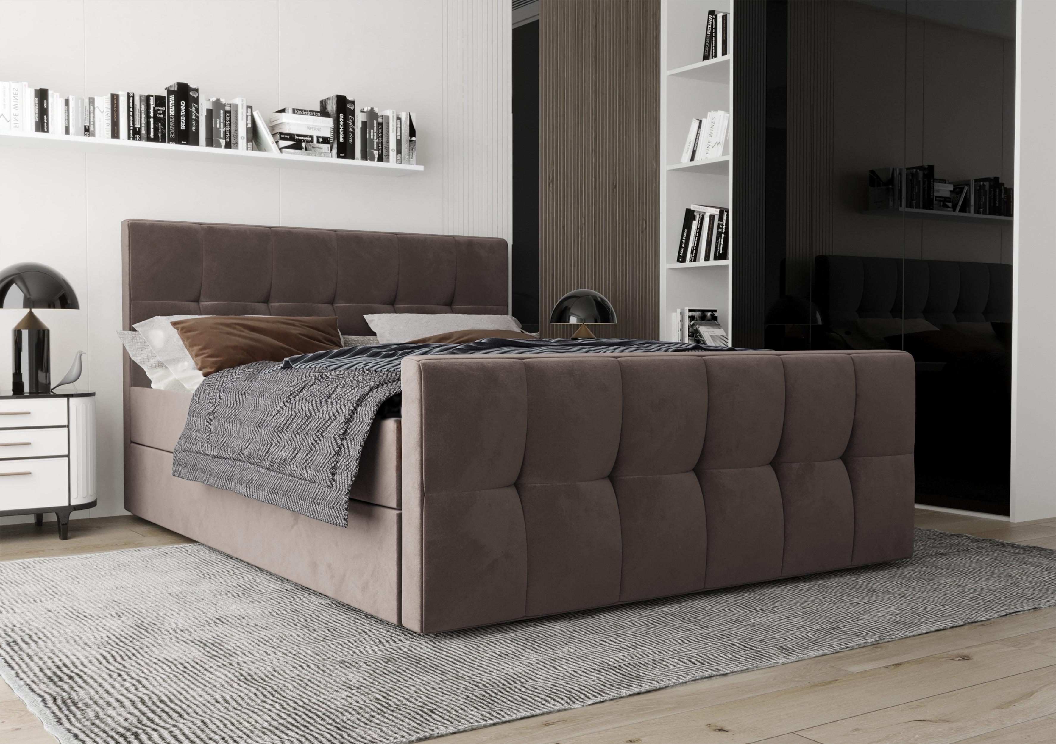 BOXBETT Settlio 140/200 cm in Braun – mit Bettkasten + TOPPER Textil AX Living Möbel > Betten > Boxspringbetten Braun