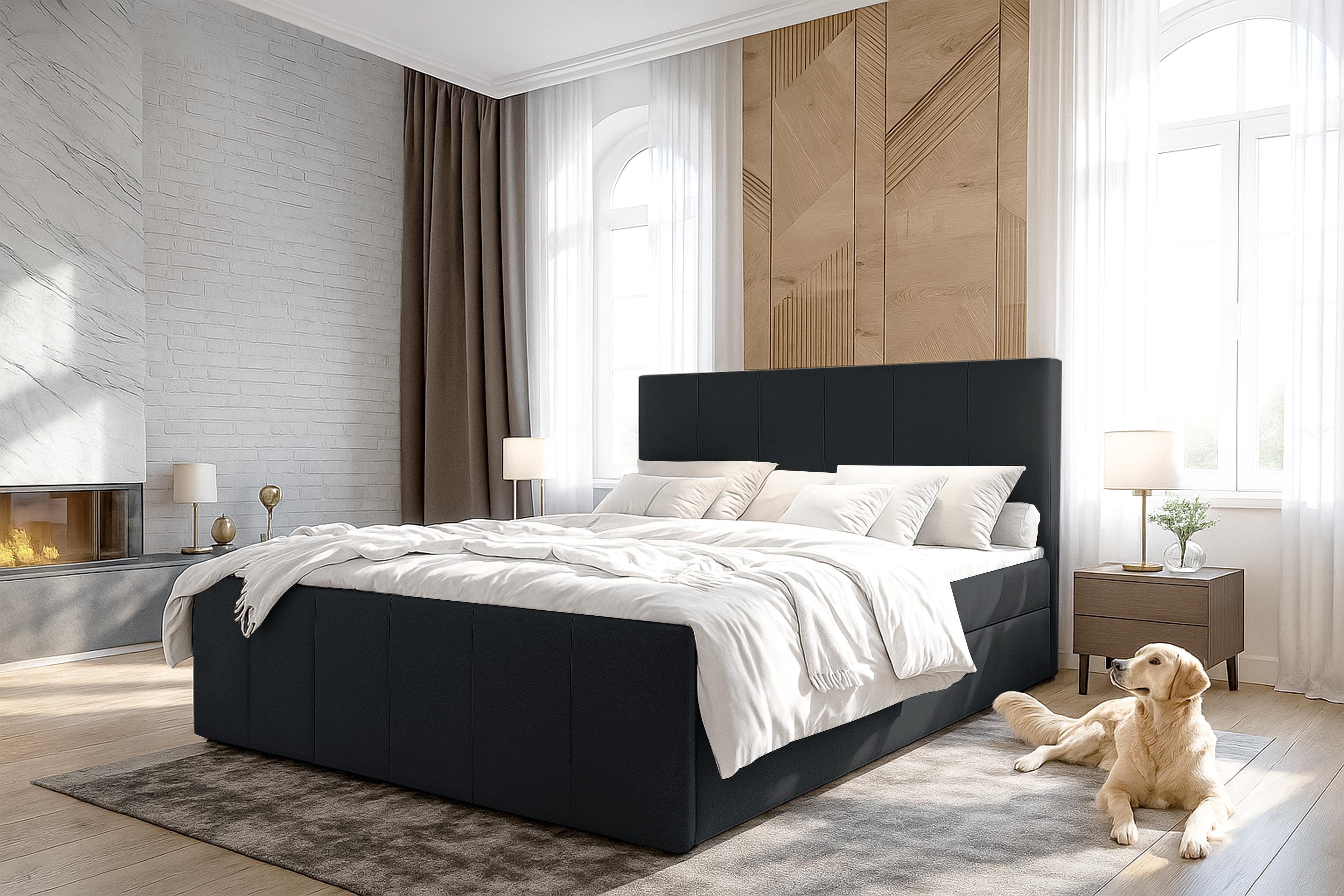 BOXBETT LEVENTE 160x200 cm mit Bettkasten und Matratze - Schwarz + TOPPER Textil AX Living Möbel > Betten > Boxspringbetten Schwarz