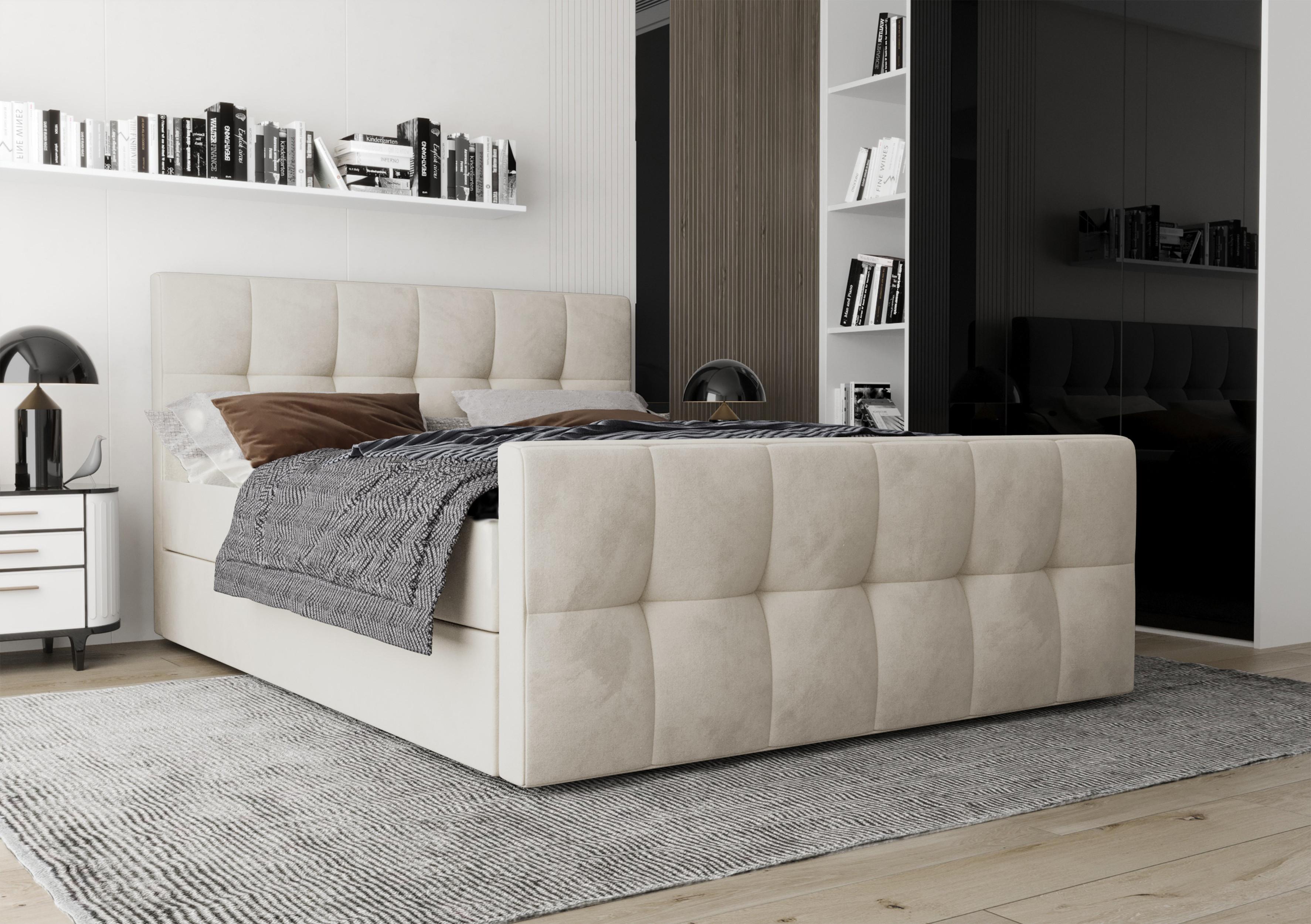 BOXBETT Settlio 140/200 cm in Creme – mit Bettkasten + TOPPER Textil AX Living Möbel > Betten > Boxspringbetten Weiß