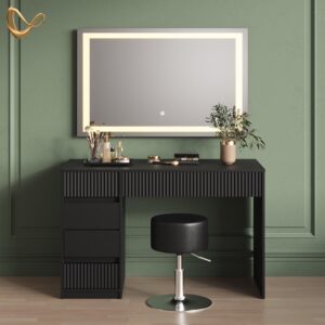 SCHMINKTISCH Allia Schwarz mit LED-Spiegel und Hocker Holzwerkstoff Livinity® Möbel > Tische > Schminktische Schwarz