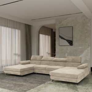 wohnli-moebel-suche-800001214531-1 WOHNLANDSCHAFT DETTI Creme Velours-Stoff mit Schlaffunktion Holz MASSENO Möbel > Sofas & Couches > Wohnlandschaften > Wohnlandschaften U-Form Weiß