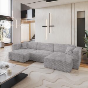 WOHNLANDSCHAFT SARMO Hellgrau Kordstoff mit Schlaffunktion Textil MASSENO Möbel > Sofas & Couches > Wohnlandschaften > Wohnlandschaften U-Form Grau