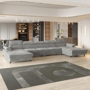 wohnli-moebel-suche-800001214543-1 WOHNLANDSCHAFT VIVENTE Hellgrau Velours-Stoff mit Schlaffunktion Holz MASSENO Möbel > Sofas & Couches > Wohnlandschaften > Wohnlandschaften U-Form Grau