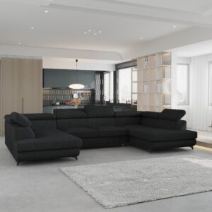 wohnli-moebel-suche-800001214546-1 WOHNLANDSCHAFT VINTESSA Schwarz Boucle-Stoff mit Schlaffunktion Holz MASSENO Möbel > Sofas & Couches > Wohnlandschaften > Wohnlandschaften U-Form Schwarz