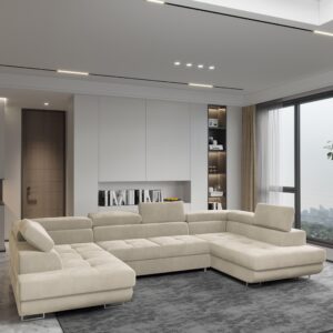 wohnli-moebel-suche-800001214550-1 WOHNLANDSCHAFT RAGGIO Creme Velours-Stoff mit Schlaffunktion Holz MASSENO Möbel > Sofas & Couches > Wohnlandschaften > Wohnlandschaften U-Form Weiß