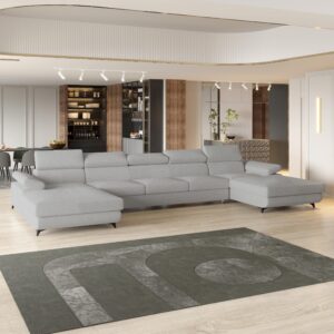 wohnli-moebel-suche-800001214554-1 WOHNLANDSCHAFT VIVENTE Hellgrau Boucle-Stoff mit Schlaffunktion Holz MASSENO Möbel > Sofas & Couches > Wohnlandschaften > Wohnlandschaften U-Form Grau