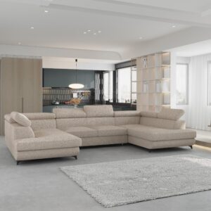 WOHNLANDSCHAFT VINTESSA Beige Boucle-Stoff mit Schlaffunktion Holz MASSENO Möbel > Sofas & Couches > Wohnlandschaften > Wohnlandschaften U-Form Beige