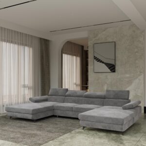 wohnli-moebel-suche-800001214569-1 WOHNLANDSCHAFT DETTI Grau Velours-Stoff mit Schlaffunktion Holz MASSENO Möbel > Sofas & Couches > Wohnlandschaften > Wohnlandschaften U-Form Grau