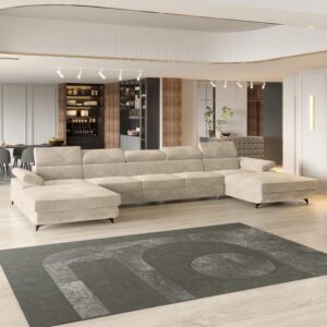 wohnli-moebel-suche-800001214572-1 WOHNLANDSCHAFT VIVENTE Creme Velours-Stoff mit Schlaffunktion Holz MASSENO Möbel > Sofas & Couches > Wohnlandschaften > Wohnlandschaften U-Form Weiß