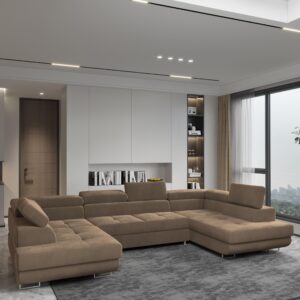 WOHNLANDSCHAFT RAGGIO Beige Velours-Stoff mit Schlaffunktion Holz MASSENO Möbel > Sofas & Couches > Wohnlandschaften > Wohnlandschaften U-Form Beige