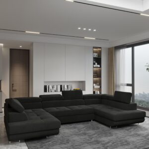 WOHNLANDSCHAFT RAGGIO Schwarz Velours-Stoff mit Schlaffunktion Holz MASSENO Möbel > Sofas & Couches > Wohnlandschaften > Wohnlandschaften U-Form Schwarz