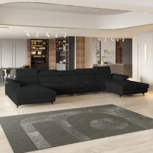 wohnli-moebel-suche-800001214587-1 WOHNLANDSCHAFT VIVENTE Schwarz Boucle-Stoff mit Schlaffunktion Holz MASSENO Möbel > Sofas & Couches > Wohnlandschaften > Wohnlandschaften U-Form Schwarz