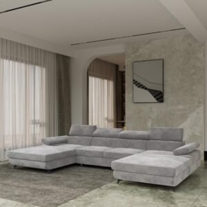 WOHNLANDSCHAFT DETTI Hellgrau Velours-Stoff mit Schlaffunktion Holz MASSENO Möbel > Sofas & Couches > Wohnlandschaften > Wohnlandschaften U-Form Grau