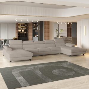 wohnli-moebel-suche-800001214591-1 WOHNLANDSCHAFT VIVENTE Beige Boucle-Stoff mit Schlaffunktion Holz MASSENO Möbel > Sofas & Couches > Wohnlandschaften > Wohnlandschaften U-Form Beige
