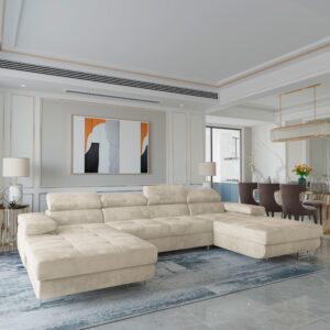 wohnli-moebel-suche-800001214592-1 WOHNLANDSCHAFT LYKKE Creme Velours-Stoff mit Schlaffunktion Holz MASSENO Möbel > Sofas & Couches > Wohnlandschaften > Wohnlandschaften U-Form Weiß