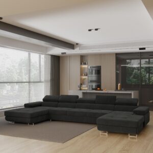 wohnli-moebel-suche-800001214601-1 WOHNLANDSCHAFT OMBRA Schwarz Velours-Stoff mit Schlaffunktion Holz MASSENO Möbel > Sofas & Couches > Wohnlandschaften > Wohnlandschaften U-Form Schwarz