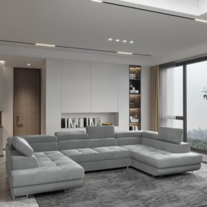 wohnli-moebel-suche-800001214604-1 WOHNLANDSCHAFT RAGGIO Hellgrau Velours-Stoff mit Schlaffunktion Holz MASSENO Möbel > Sofas & Couches > Wohnlandschaften > Wohnlandschaften U-Form Grau