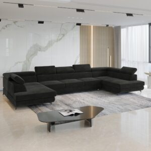 WOHNLANDSCHAFT URMANO Schwarz Velours-Stoff mit Schlaffunktion Holz MASSENO Möbel > Sofas & Couches > Wohnlandschaften > Wohnlandschaften U-Form Schwarz