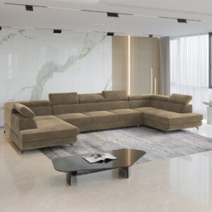 WOHNLANDSCHAFT URMANO Beige Velours-Stoff mit Schlaffunktion Holz MASSENO Möbel > Sofas & Couches > Wohnlandschaften > Wohnlandschaften U-Form Beige