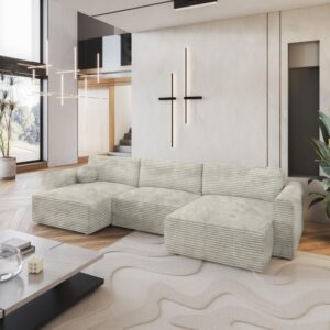 WOHNLANDSCHAFT FENTO Hellgrau Kordstoff mit Schlaffunktion Holz MASSENO Möbel > Sofas & Couches > Wohnlandschaften > Wohnlandschaften U-Form Grau