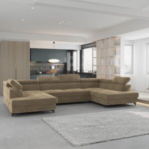 WOHNLANDSCHAFT VINTESSA Beige Velours-Stoff mit Schlaffunktion Holz MASSENO Möbel > Sofas & Couches > Wohnlandschaften > Wohnlandschaften U-Form Beige