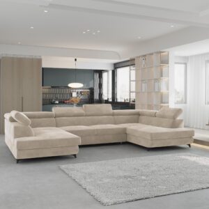 wohnli-moebel-suche-800001214625-1 WOHNLANDSCHAFT VINTESSA Creme Velours-Stoff mit Schlaffunktion Holz MASSENO Möbel > Sofas & Couches > Wohnlandschaften > Wohnlandschaften U-Form Weiß