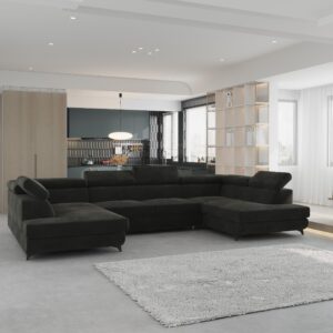 wohnli-moebel-suche-800001214629-1 WOHNLANDSCHAFT VINTESSA Schwarz Velours-Stoff mit Schlaffunktion Holz MASSENO Möbel > Sofas & Couches > Wohnlandschaften > Wohnlandschaften U-Form Schwarz