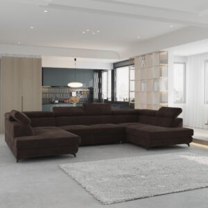 WOHNLANDSCHAFT VINTESSA Braun Velours-Stoff mit Schlaffunktion Holz MASSENO Möbel > Sofas & Couches > Wohnlandschaften > Wohnlandschaften U-Form Braun