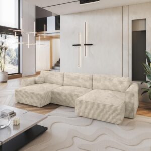 wohnli-moebel-suche-800001214632-1 WOHNLANDSCHAFT FENTO Creme Kordstoff mit Schlaffunktion Holz MASSENO Möbel > Sofas & Couches > Wohnlandschaften > Wohnlandschaften U-Form Weiß