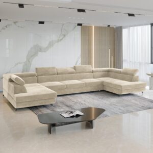 wohnli-moebel-suche-800001214636-1 WOHNLANDSCHAFT URMANO Creme Velours-Stoff mit Schlaffunktion Holz MASSENO Möbel > Sofas & Couches > Wohnlandschaften > Wohnlandschaften U-Form Weiß