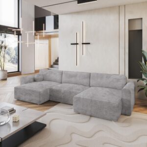 wohnli-moebel-suche-800001214638-1 WOHNLANDSCHAFT FENTO Hellgrau Kordstoff mit Schlaffunktion Holz MASSENO Möbel > Sofas & Couches > Wohnlandschaften > Wohnlandschaften U-Form Grau