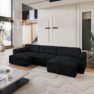 wohnli-moebel-suche-800001214639-1 WOHNLANDSCHAFT FENTO Schwarz Kordstoff mit Schlaffunktion Holz MASSENO Möbel > Sofas & Couches > Wohnlandschaften > Wohnlandschaften U-Form Schwarz