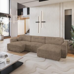 WOHNLANDSCHAFT FENTO Beige Kordstoff mit Schlaffunktion Holz MASSENO Möbel > Sofas & Couches > Wohnlandschaften > Wohnlandschaften U-Form Beige