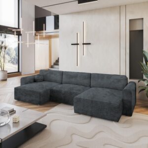 wohnli-moebel-suche-800001214641-1 WOHNLANDSCHAFT FENTO Grau Kordstoff mit Schlaffunktion Holz MASSENO Möbel > Sofas & Couches > Wohnlandschaften > Wohnlandschaften U-Form Grau