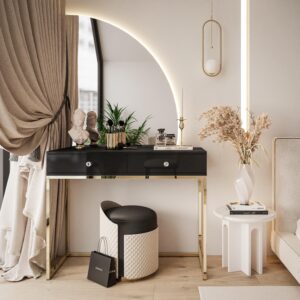 wohnli-moebel-suche-800001221363-1 SCHMINKTISCH schwarz QUINNIE mit LED-Spiegel gold Chrom rechts Griff Kristall Holzwerkstoff Lookway Möbel > Tische > Schminktische Schwarz