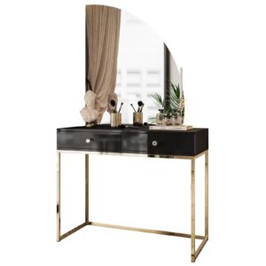wohnli-moebel-suche-800001221363 Wohnli Möbelsuche - SCHMINKTISCH schwarz QUINNIE mit LED-Spiegel gold Chrom rechts Griff Kristall