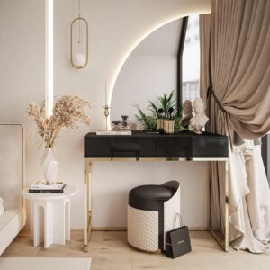 wohnli-moebel-suche-800001221368-1 SCHMINKTISCH schwarz QUINNIE mit LED-Spiegel gold Chrom links PUSH OPEN Holzwerkstoff Lookway Möbel > Tische > Schminktische Schwarz