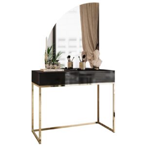 wohnli-moebel-suche-800001221368 Wohnli Möbelsuche - SCHMINKTISCH schwarz QUINNIE mit LED-Spiegel gold Chrom links PUSH OPEN