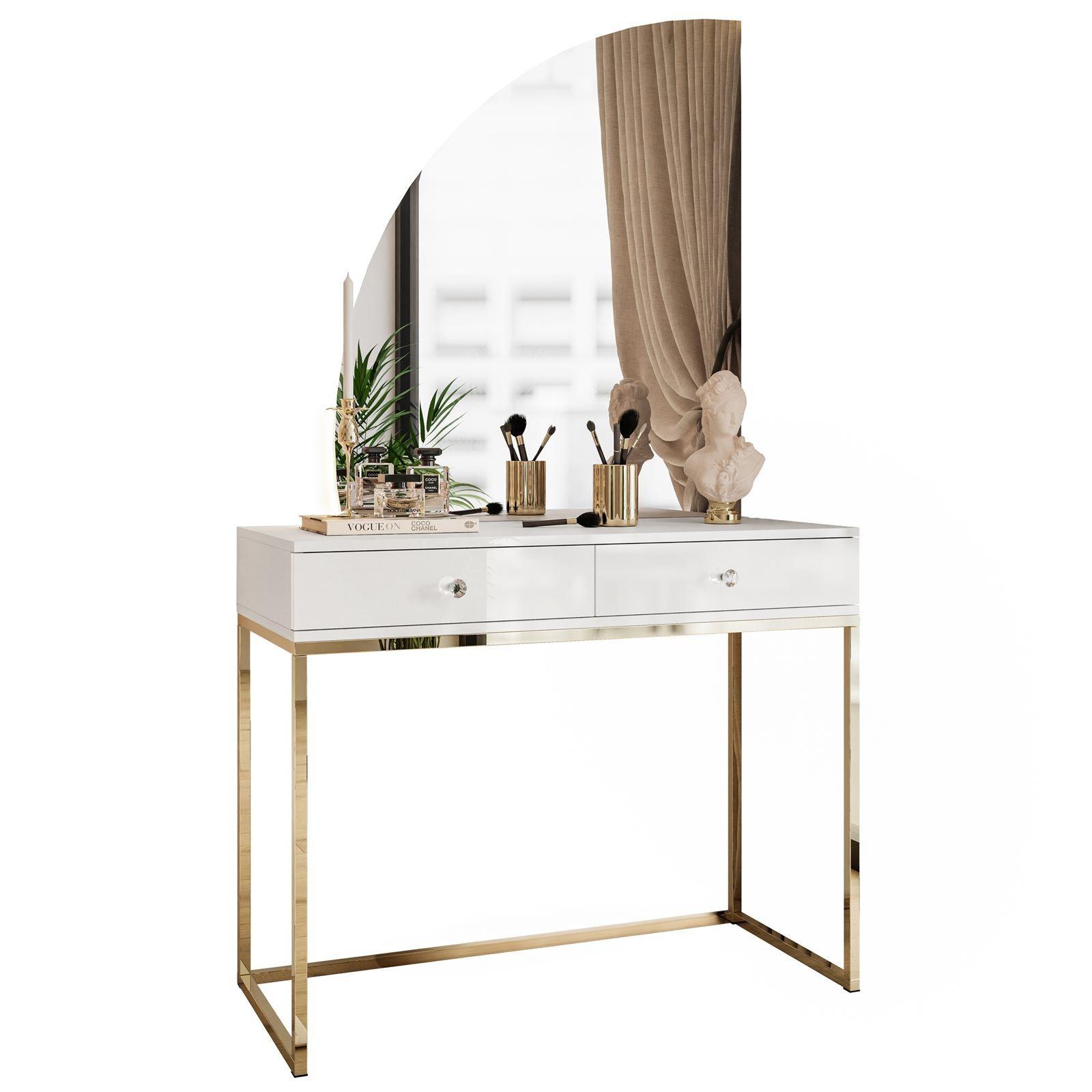 wohnli-moebel-suche-800001221371 Wohnli Möbelsuche - SCHMINKTISCH weiß QUINNIE mit LED-Spiegel gold Chrom links Griff Kristall