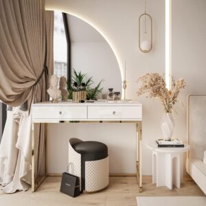wohnli-moebel-suche-800001221374-1 SCHMINKTISCH weiß QUINNIE mit LED-Spiegel gold Chrom rechts Griff Kristall Holzwerkstoff Lookway Möbel > Tische > Schminktische Weiß