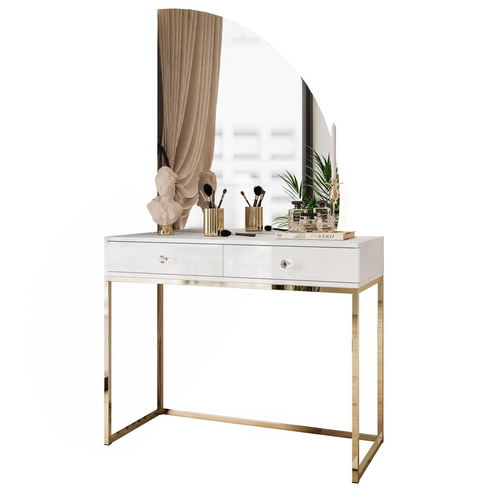 wohnli-moebel-suche-800001221374 Wohnli Möbelsuche - SCHMINKTISCH weiß QUINNIE mit LED-Spiegel gold Chrom rechts Griff Kristall